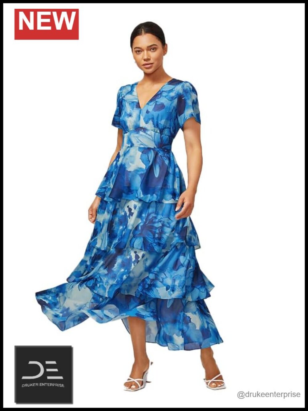 ADOR Women's Floral Chiffon Maxi Dress Ruffle Tiered A-Line V-Neck Short Sleeve
